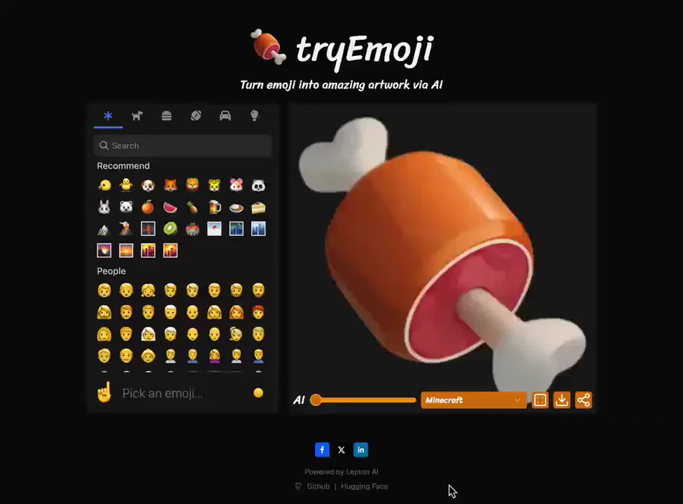 The tryEmoji interface: an emoji picker on the left, and on the right the meat-on-bone emoji rendered as a chunky three-dimensional ham, with an AI strength slider and a style menu reading Minecraft beneath it